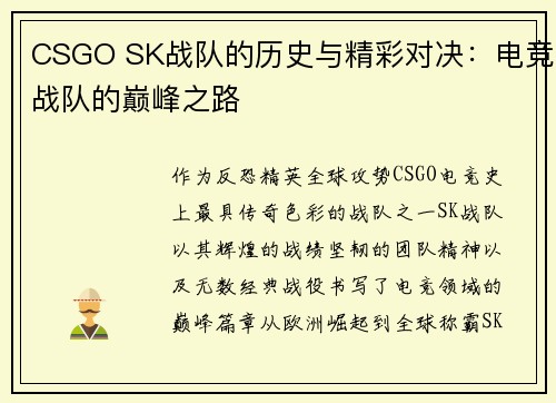 CSGO SK战队的历史与精彩对决：电竞战队的巅峰之路