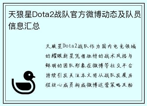 天狼星Dota2战队官方微博动态及队员信息汇总