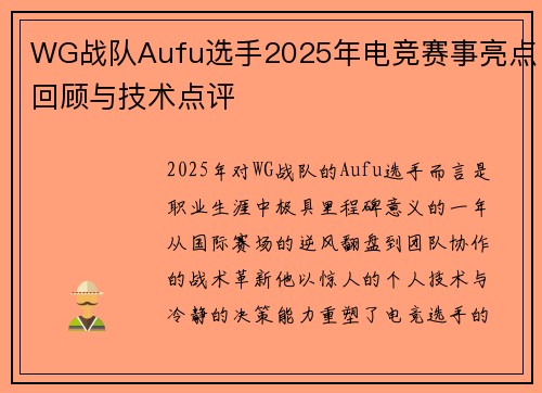 WG战队Aufu选手2025年电竞赛事亮点回顾与技术点评